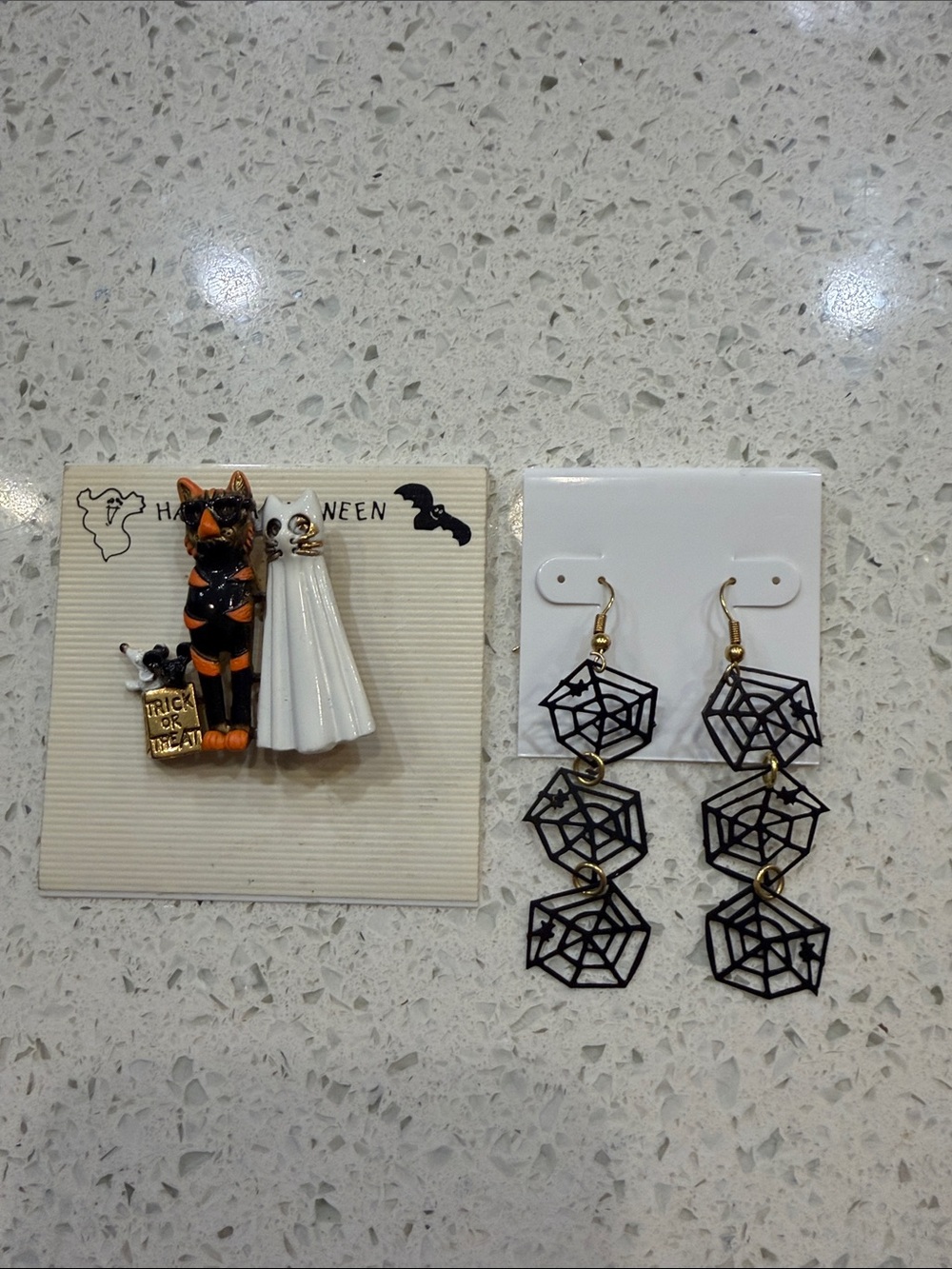 Halloween Cat & Ghost Pin Set and Black Geometric Drop Earrings